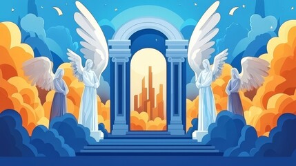 A mystical scene depicting angels and ornate architecture in vibrant colors, evoking a sense of divine beauty.