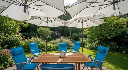 Serene Garden Retreat: Blue Chairs Under White Umbrellas with Lush Greenery