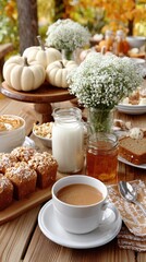 Beautifully arranged table featuring pumpkin cake, tea, and milk jar, set in a vibrant garden filled with autumn colors and decorations