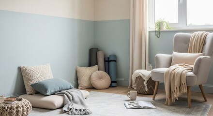 Serene Interior: Soft Blue Walls, Cozy Textiles, and Relaxing Atmosphere