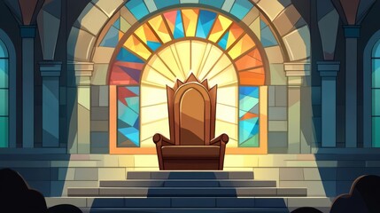 A majestic throne situated in an ornate hall with colorful stained glass, radiating an aura of grandeur and power.