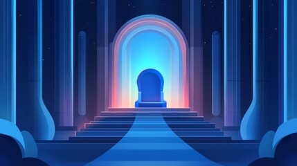 A futuristic throne room with glowing pillars and a mysterious ambiance, perfect for fantasy or game design projects.