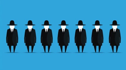 A minimalist illustration of grouped individuals in black suits and hats against a blue background.