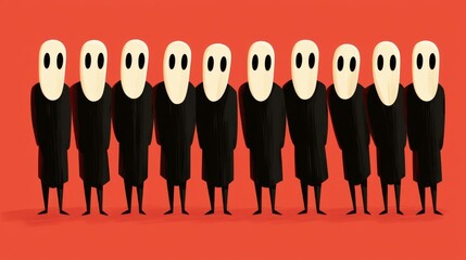 A group of faceless figures in black robes stands together against a vibrant red background, evoking mystery.