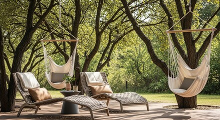 Serene Outdoor Retreat: Hammock Chairs and Woven Loungers in Lush Green Garden