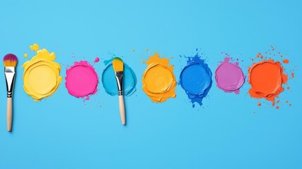 Colorful paints and brushes arranged on a vibrant blue background, perfect for artistic and creative themes.