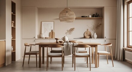 Serene Dining Room with Woven Pendant and Neutral Tones, Minimalist Interior Design