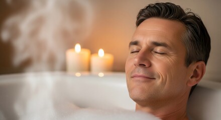 Serene Man Relaxing in Bubble Bath with Candlelight Glow