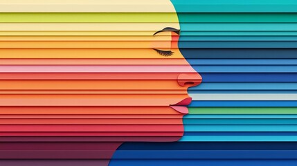 A vibrant illustration of a woman's profile filled with colorful stripes, symbolizing diversity and inner thoughts.