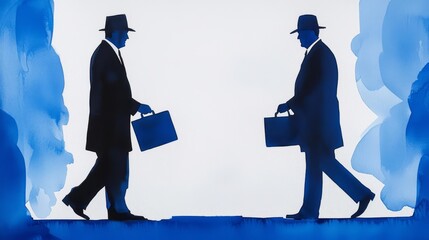 Silhouettes of two businessmen walking with briefcases in a creative blue background, symbolizing partnership and ambition.