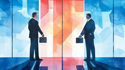 Two business professionals face each other, holding briefcases, in a vibrant and abstract corporate environment.
