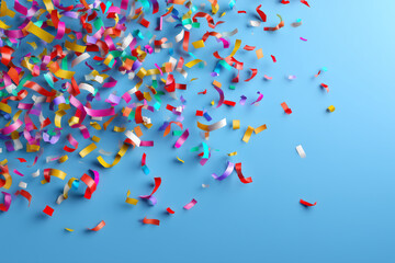 Colorful confetti explosion on a bright blue background celebrating joy and festive moments