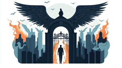 An artistic representation of a figure with wings, symbolizing guardianship and transformation in a mystical setting.