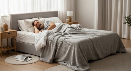 Serene Sleep: Man Resting Peacefully in Neutral-Toned Bedroom with Soft Light