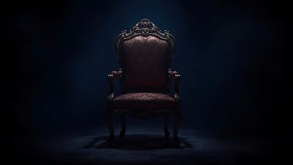 The luxurious seat of the chair is dark brown. In the dark and mysterious room, the surrounding darkness tells of secrets and stories that have never been told before.