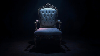 The luxurious seat of the chair is dark white. In the dark and mysterious room, the surrounding darkness tells of secrets and stories that have never been told before.