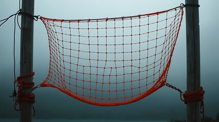 A rectangular orange rescue net hangs between rotting poles.