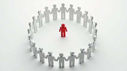 A red figure stands at the center, surrounded by a circle of white figures holding hands, symbolizing unity and support.