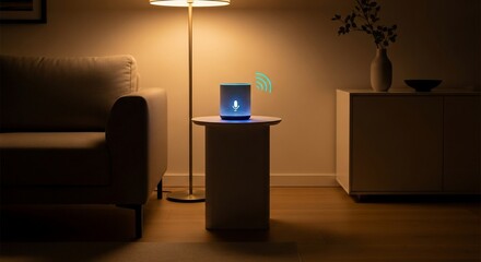 Smart Speaker Glowing in Warm Living Room Ambiance, Modern Technology