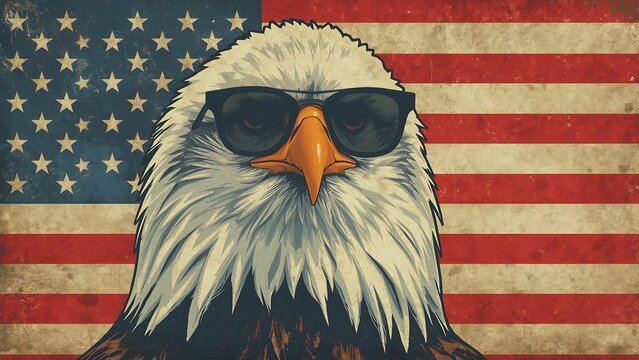 Illustration of a striking eagle wearing stylish sunglasses, American flag background. The fierce eagle and majestic feathers convey pride and patriotism. Vintage graphic style.