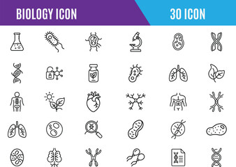 biology icon set. Laboratory, scientific, pharmacy, physics, biology, laboratory, gear, toxic,research. Editable line icons.