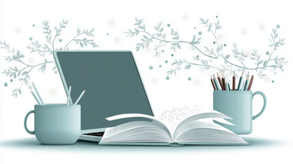 Study workspace with laptop and book in pastel illustration