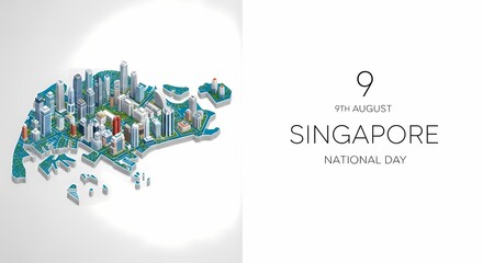 An illustration of Singapore's map with buildings, celebrating National Day on August 9th.