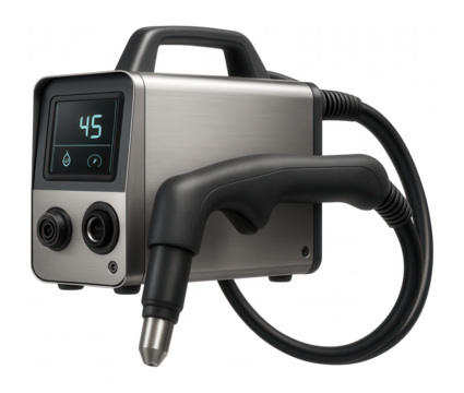 Portable plasma cutter with a handheld torch and digital display for on-site construction projects