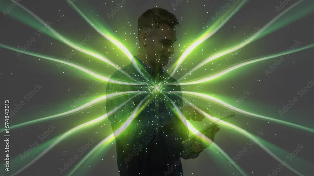 Poster man tapping then swiping smartphone screen and intensifying green beam animation in technology demo