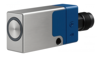 Inductive sensor with a flat profile and integrated amplifier for conveyor belt systems in a food processing plant.