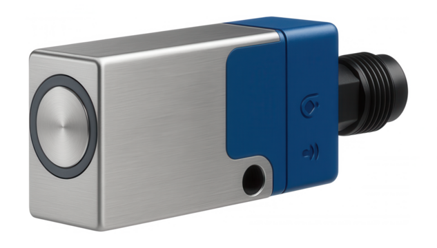 Inductive sensor with a flat profile and integrated amplifier for conveyor belt systems in a food processing plant.