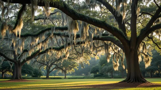 Hanging Spanish Moss from Oak Tree Branches in Forsyth Park, Savannah, Georgia