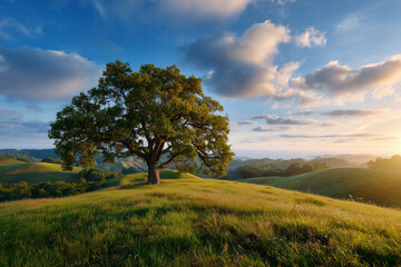 Majestic solitary oak tree standing on rolling green hills under a vibrant sunset sky with scattered clouds