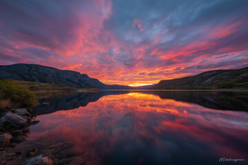 Breathtaking sunset over tranquil lake with vibrant colorful sky reflecting on still water and surrounded by rugged mountains