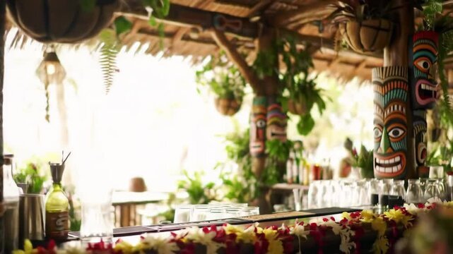 Tropical greenery frames a tiki bar scene, vacation, island getaway
