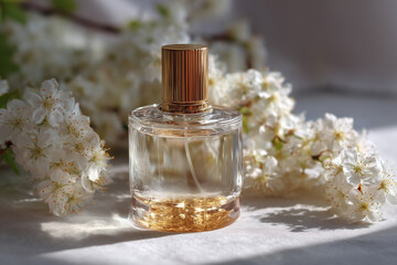 Elegant perfume bottle with golden cap surrounded by delicate white blossoms on soft fabric background