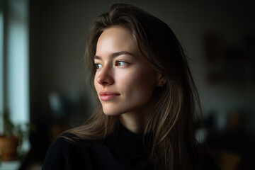 Portrait of a young woman with natural light looking thoughtfully out of a window in a cozy indoor setting