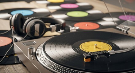 Vinyl Records and Headphones on Turntable, Music Nostalgia, Retro Sound