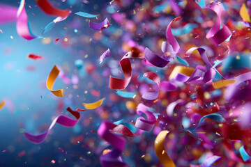 Colorful confetti ribbons swirling in the air creating a festive and joyful celebration atmosphere