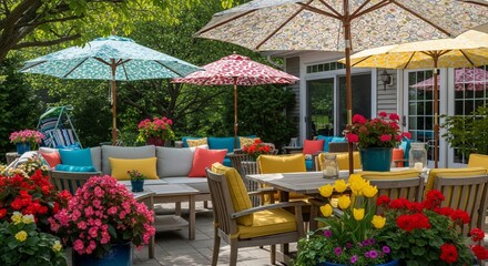 Vibrant Outdoor Patio with Colorful Umbrellas, Cushions, and Blooming Flowers