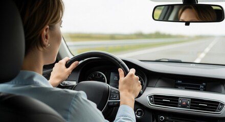 Woman Driving Car on Highway, Reflection in Rearview Mirror, Road Trip