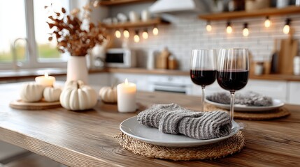 Charming autumn table arrangement features pumpkins, soft lighting, and wine glasses, creating a warm atmosphere perfect for gathering