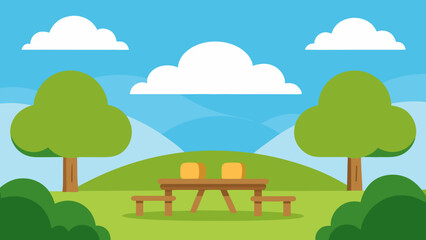 Vector illustration of a summer landscape with green trees, blue sky, and a grassy meadow under the sun
