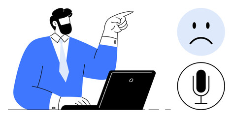 Man in blue suit points at icons of sad face and microphone, while typing on laptop. Ideal for communication, decision-making, customer support, feedback processing, virtual meetings, business