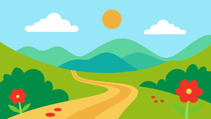 Obraz premium A vibrant vector illustration of a summer landscape features a rainbow over rolling green hills, a bright sky with clouds, and a winding road through meadows towards distant mountains
