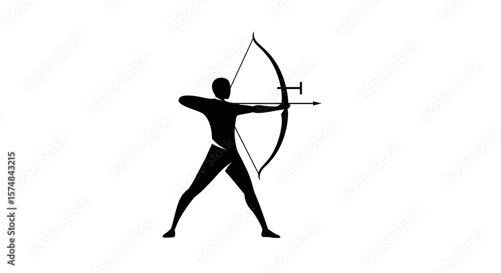 Poster silhouette of archer aiming with bow and arrow in a dynamic pose on a white isolated background