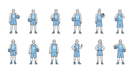 Basketball Team Line Art Illustration of Players in Uniforms Posing.
