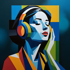 Serene Woman in Headphones: Abstract Geometric Pop Art Portrait, Vibrant Colors, Peaceful Mood
