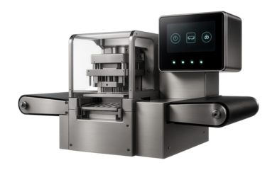 Automated blister packaging machine with a PLC control system and stainless steel construction for chemical product packaging.