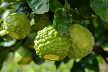 Obraz premium Fresh bergamot fruits ripening on a tree branch, surrounded by lush green leaves